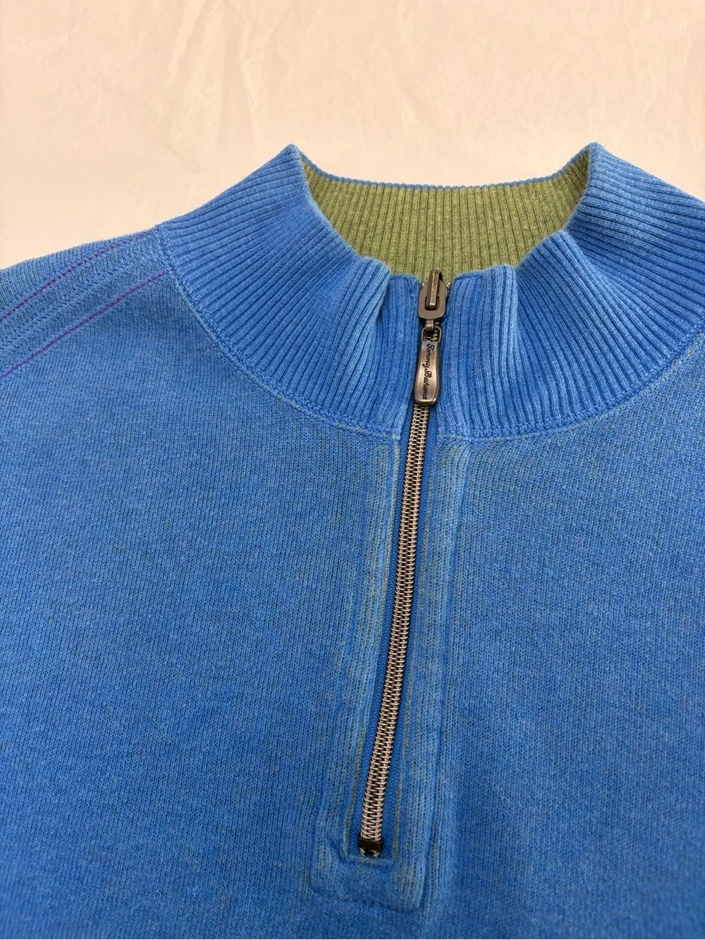 Tommy Bahama Quarter Zip Sweater Mens XL Blue Olive Green Contrast Trim Cotton